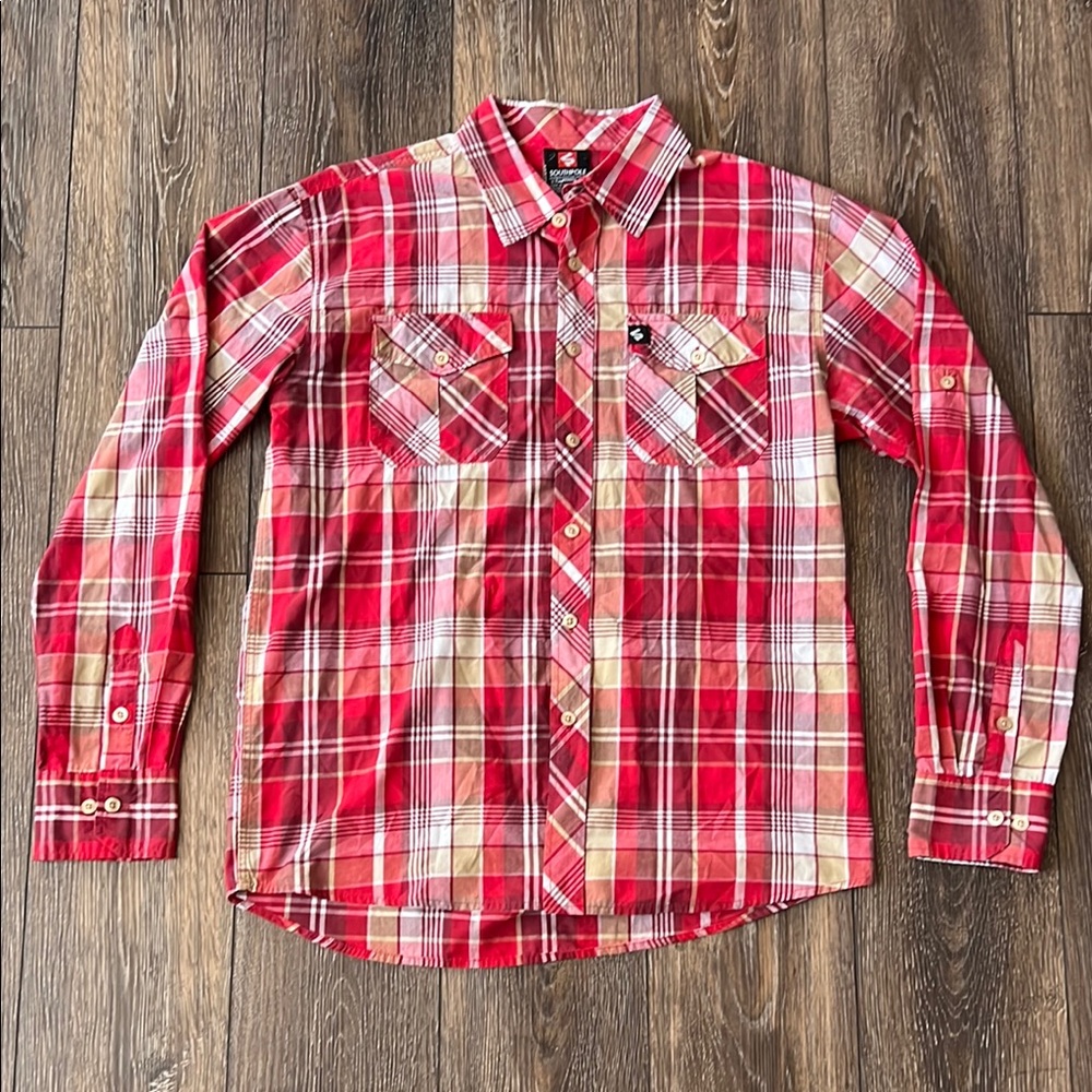 Southpole  Mens XL Red/White/Tan Plaid Button Up Long Sleeve Shirt